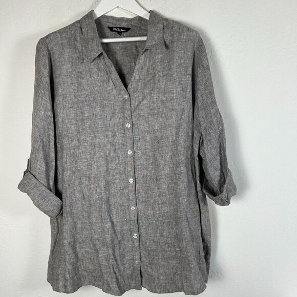 Ulla Popken Womens Gray Linen Button-Up Shirt Tunic Size 16/18 Roll-Tab Sleeves - Picture 1 of 6